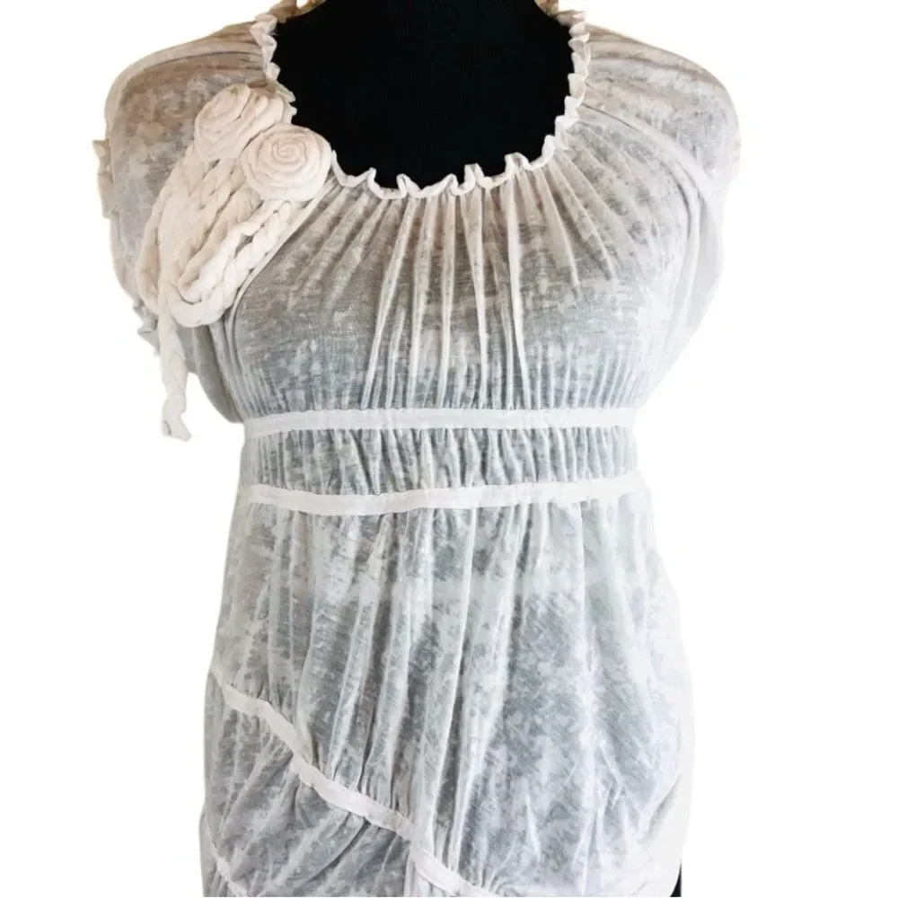 NWT Ryu Sheer White Rosette Off Shoulder Ruched Tunic Top Size M - Picture 2 of 9